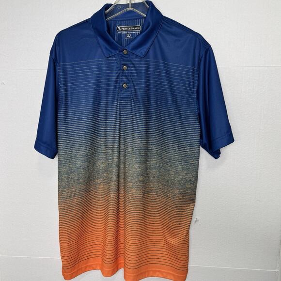 Pebble Beach Mens Large Dry-Luxe Performance Polo Shirt Blue Orange Ombre Stripe - Picture 2 of 10